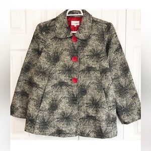3 Sisters XL Gray Abstract Print Swing Jacket w/ Big Red Buttons